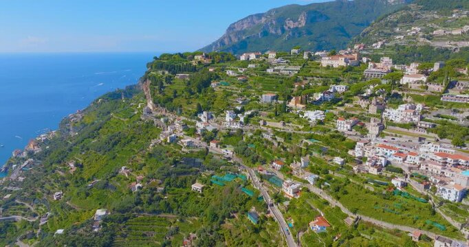 Aerial Drone View of Ravello Cliffs and Coastline, Amalfi Coast, Italy