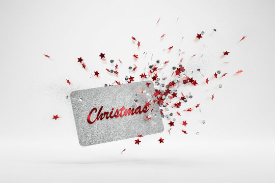 Sparkling Silver Christmas Gift Card Mockup with Red Text and Exploding Festive Confetti on White Background.