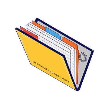 Isometric vector illustration of a yellow expandable document file folder labeled Secondary School Work with labeled tabs and notebook paper isolated on white background.
