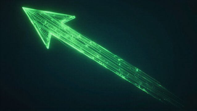 Glowing green arrow with digital lines, pointing forward against dark background.