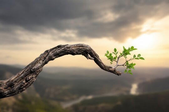 A young green sapling growing from a dead branch against a dramatic sunset sky