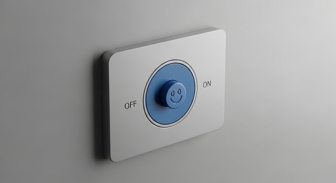 3d render of a minimalist wall light switch with a happy smiley face icon on a blue circular button, set against a neutral grey background