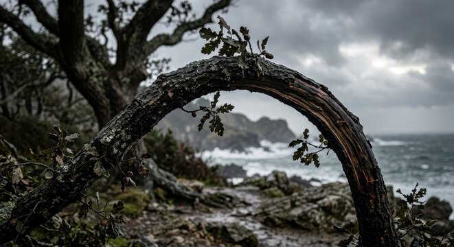 Stormy seascape with a gnarled tree in the foreground