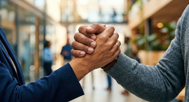 Two people shaking hands in agreement, symbolizing partnership and trust in a professional setting