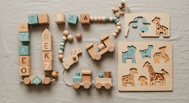 Wooden Toys: Pastel Train, Blocks, Puzzles, and Cotton, Flat Lay Composition.
