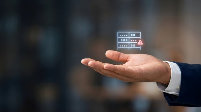 A server rack with a red warning alert glows above an open businessman's hand