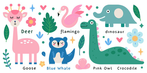 colorful animals and plants flat vector illustration deer flamingo dinosaur goose blue whale pink owl crocodile elephant giraffe bird reptile mammal nature wildlife © Ripan