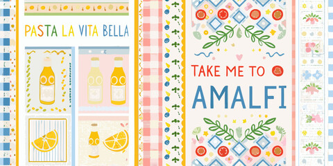 italian themed product labels with colorful illustrations pasta amalfi lemons bottles wine food design pattern graphic art culture travel cuisine packaging marketing retail © Ripan