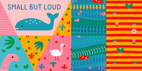 Obraz premium cartoon animals and patterns colorful vector illustration whale dinosaur bird fish stripes dots waves shapes triangle square background design graphic art childish funny