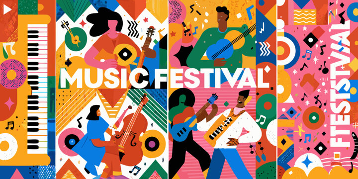 music festival colorful vector illustration musicians instruments guitar violin saxophone piano pattern geometric shapes festive celebration event concert performers artwork design graphic poster