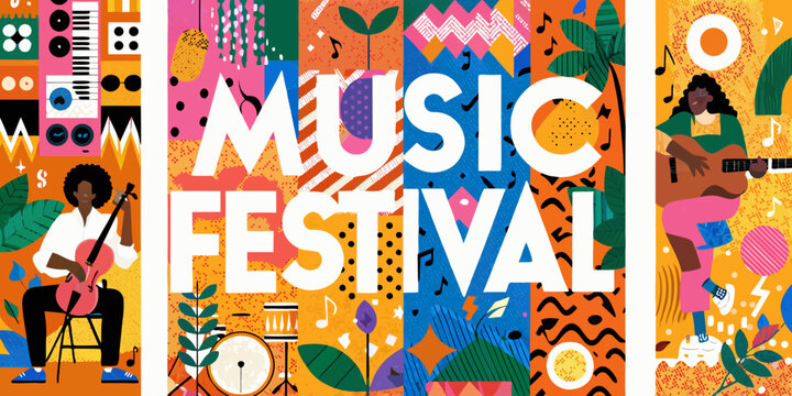music festival colorful vector illustration with musicians and instruments guitar drum piano pattern event celebration entertainment culture artwork design graphic poster promotional stage