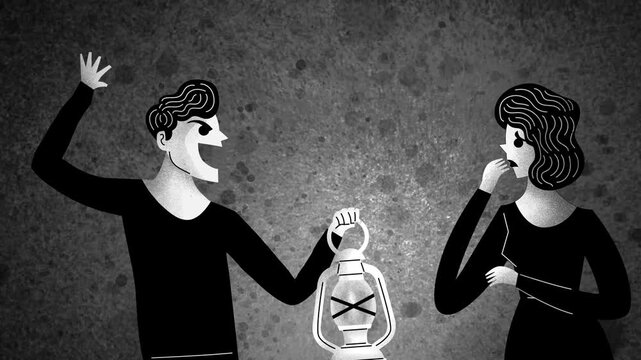 man holding a gas lamp psychologically manipulating a woman through gaslighting