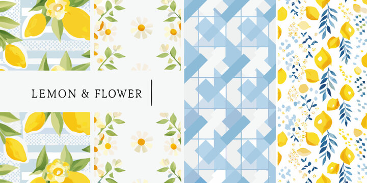 lemon and flower watercolor pattern on blue and white background fruit blossom botanical design illustration graphic artwork print textile fabric decoration summer fresh