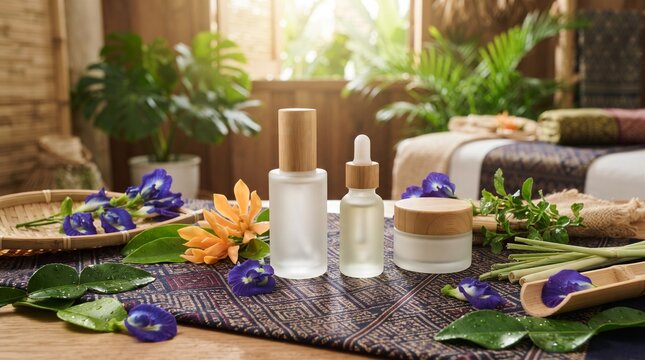  luxury eco wellness product scene combining Lao heritage and modern global beauty aesthetics, natural skincare bottles made of frosted glass placed on traditional woven textile inspired by Lao sinh p
