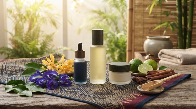  luxury eco wellness product scene combining Lao heritage and modern global beauty aesthetics, natural skincare bottles made of frosted glass placed on traditional woven textile inspired by Lao sinh p
