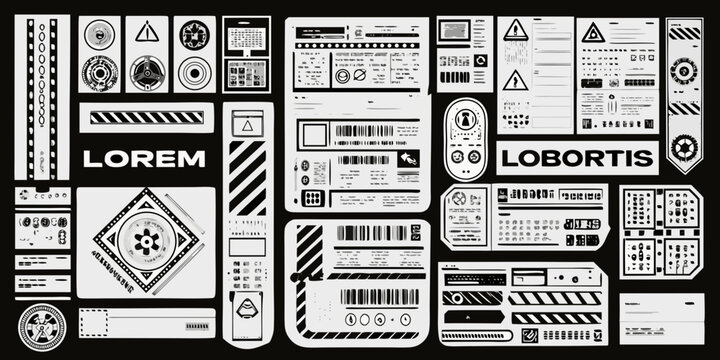 industrial warning labels and symbols in gritty black and white collage barcodes stripes triangles circles icons textured monochrome graphic design safety caution danger