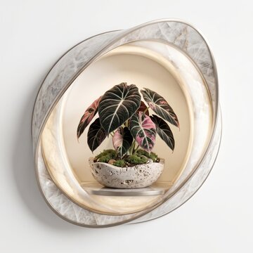 Small alocasia black velvet plant with pink variegated leaves in a concrete pot