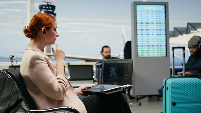 Businesswoman works with AI assistant software on a laptop in an airport business lounge, exploring machine learning, autonomous systems and generative models during global business travel.