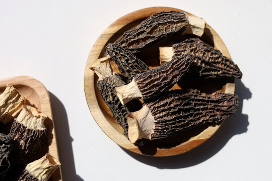 Dried morel mushrooms on white background.