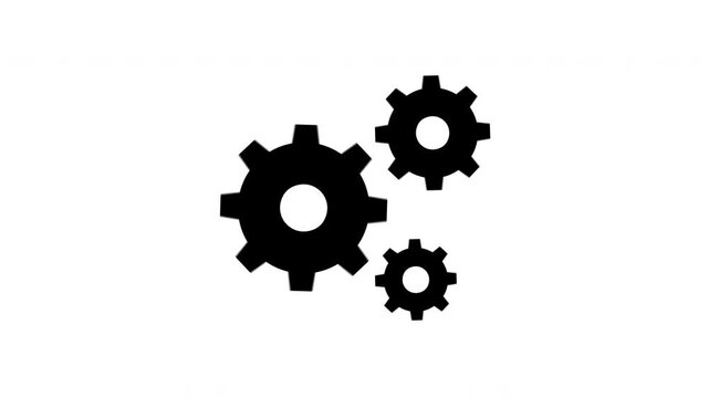 4K looping gear icon animation with rotating cogwheels on transparent black background. Clean mechanical symbol for technology, settings, loading, and motion graphics