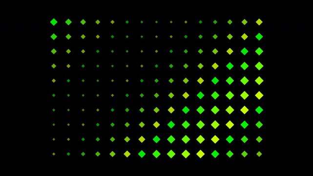 Abstract animation of a grid of green and yellow diamond shapes waving and pulsing on a black background