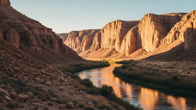 Scenic desert canyon river landscape under golden sunset light with dramatic sandstone cliffs and water reflections
