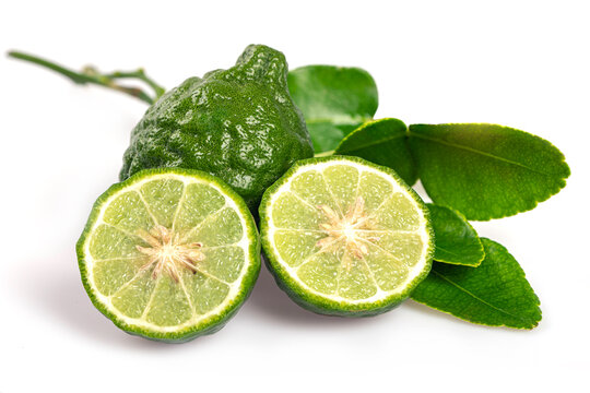 Shot of  whole bergamot fruit with two fresh green slices and aromatic leaves, isolated on a white background. Perfect for herbal medicine and Thai cooking concepts