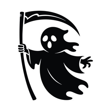 Black grim reaper ghost holding scythe vector illustration isolated on white.