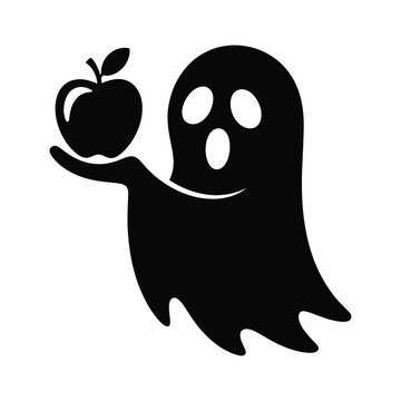 Black silhouette of spooky ghost holding fresh red apple simple graphic.