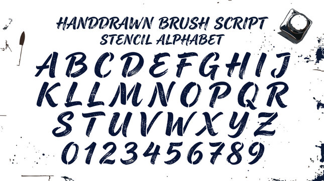 Hand‑drawn brush script stencil alphabet flat vector illustration with textured lettering, artistic ink strokes
