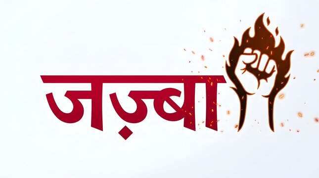 Jazba, a hindi word meaning passion, burning fist symbol of strength and motivation, red letters.