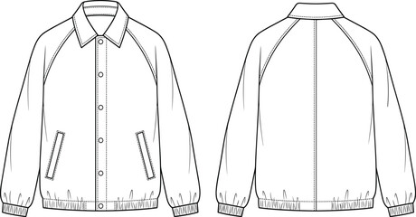 Technical fashion flat sketch of a raglan coach jacket front and back view vector template © Mdjoshelahamed4400 