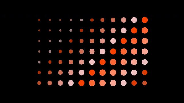 Abstract motion graphic of a grid of warm-toned dots changing size and color in a pulsating wave on a black background.