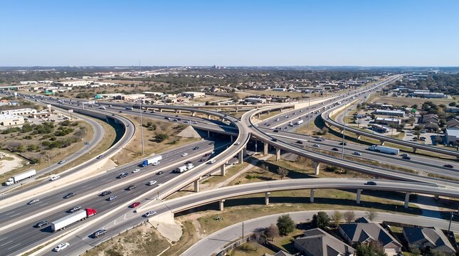 Busy multi-level highway interchange with cars and trucks flowing through a modern city on a clear day.