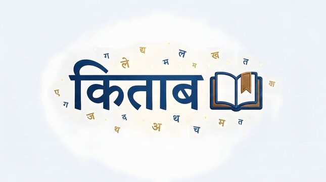Hindi word kitab written in bold blue text with book icon and letters on white background.
