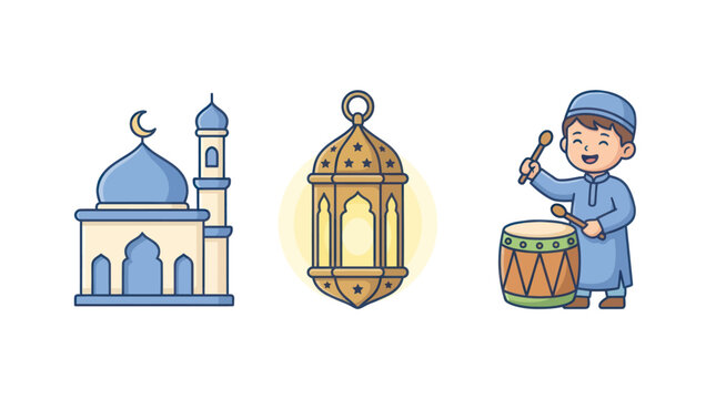 Ramadan Kareem Flat Vector Icons with Mosque Lantern and Drummer