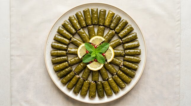 Traditional stuffed grape leaves dolma sarma appetizer plate with lemon and mint top view
