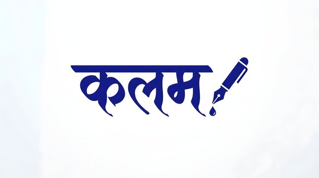 Minimalist blue devanagari calligraphy of kalam word with fountain pen illustration vector.