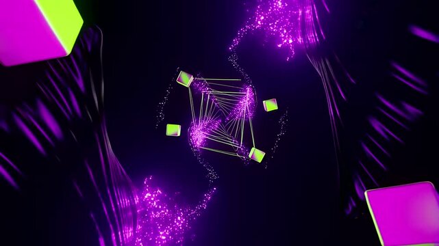 Abstract 3d Render of Glowing Green Cubes Floating in Dark Tunnel With Purple Light Particles And Digital Motion Effects Background