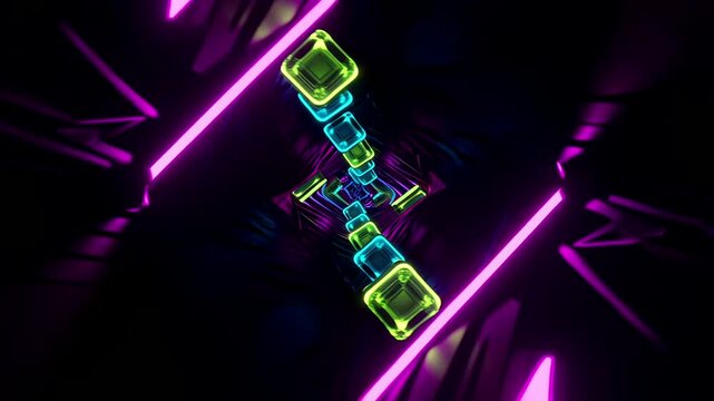 Glowing Neon Cubes in Abstract Tunnel With Vibrant Blue And Pink Light Trails Futuristic Digital 3d Render Background Wallpaper