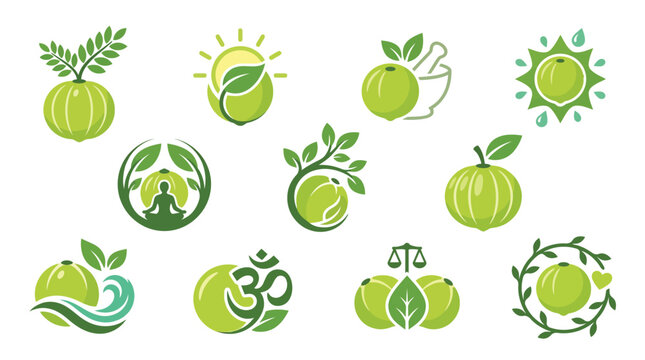 Collection of Indian Gooseberry (Amla) Icons and Symbols Representing Health, Wellness, and Ayurveda.
