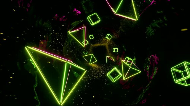 Neon Geometric Shapes Floating in Dark Space Abstract Futuristic 3d Render With Glowing Green Wireframe Cubes And Pyramids Background
