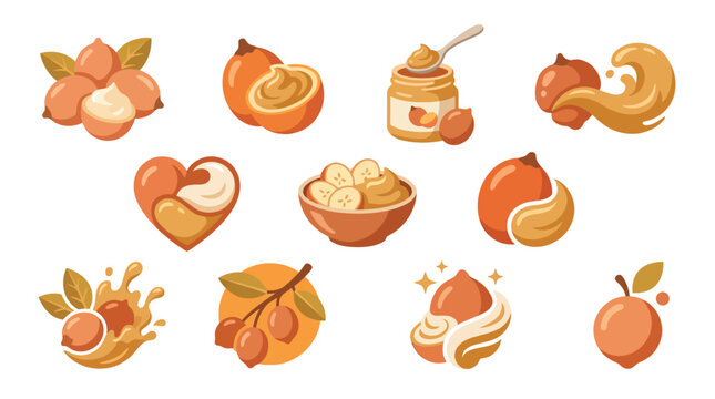 Collection of stylized illustrations of macadamia nuts and macadamia nut butter in various forms and presentations.