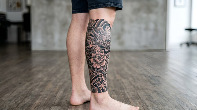 Desain Tato Kaki di Betis Pria dengan Pola Bunga Tinta Hitam yang Rumit