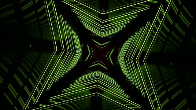 Abstract Geometric Star Pattern With Glowing Neon Green And Orange Lines in Futuristic Digital Tunnel Effect