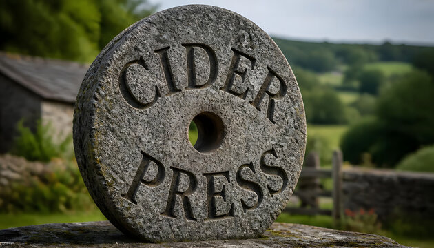 Vintage stone mill wheel carved with Cider Press text in countryside landscape background
