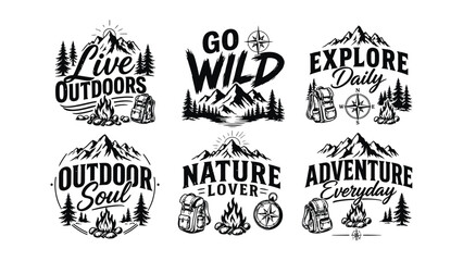 Collection of vintage outdoor adventure themed graphic designs with mountains trees backpacks and campfires © MDRAHMAT