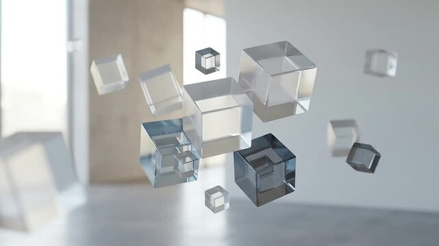 Dynamic floating geometric cubes visualized through multiple frames capturing movement and light reflections creating an
