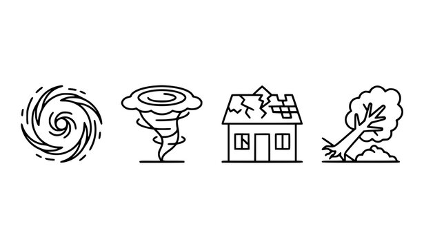 Natural Disaster and Severe Weather Line Icon Set with Hurricane Vortex Tornado Twister Damaged House and Fallen Tree Graphic Designs