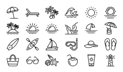 Fototapeta premium Summer Beach Vacation and Tropical Travel Line Icon Set Featuring Surfboards Palm Trees Sunglasses Sunscreen and Ocean Activities for Tourism Graphics (21 words)
